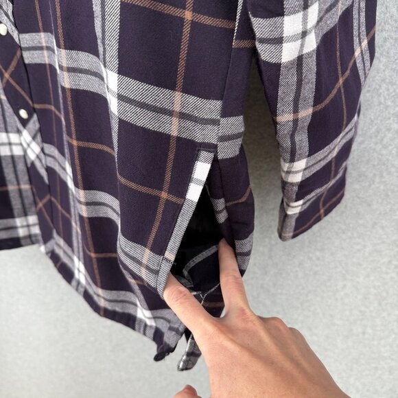 Wrangler Mens Quilted Lined Flannel Shirt Jacket Size L Purple Plaid Pearl Snap - Picture 4 of 14